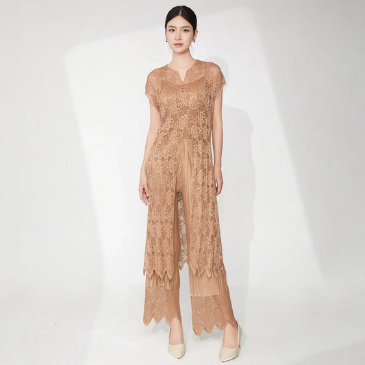 2-Piece Lace Pleated Palazzo Pants Outfit