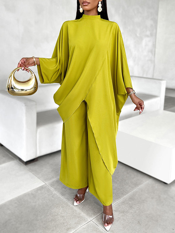 Batwing Sleeves Long Sleeves Asymmetric Hollow Solid Color Mock Neck T-Shirt Top + Pants Bottom Two Pieces Set