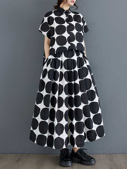 Loose Short Sleeves Buttoned Polka-Dot Lapel Blouse Tops Skirts Bottoms Two Pieces Set