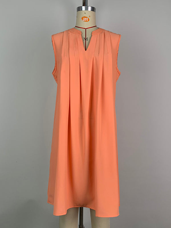 Loose Sleeveless Pleated Solid Color V-neck Mini Dresses