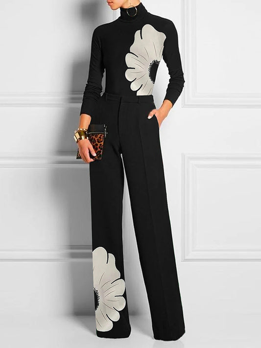 High Waisted Straight Leg Asymmetric Floral Printed Split-Joint Suit Pants