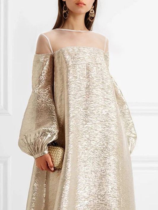 A-Line Loose Gauze See-Through Shiny Split-Joint Round-Neck Evening Dresses Maxi Dresses
