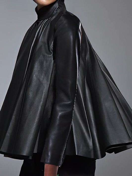 A-line Long Sleeves Big Hemline Solid Color Stand Collar Leather Top