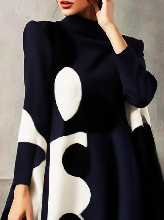 A-Line Long Sleeves Polka-Dot Split-Joint Mock Neck Mini Dresses