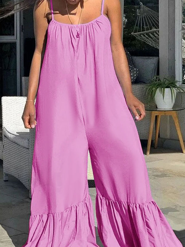 Loose Sleeveless Pleated Pockets Solid Color Split-Joint Spaghetti-Neck Jumpsuits