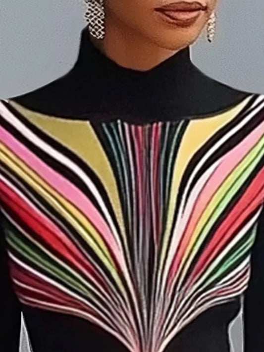 Long Sleeves Skinny Contrast Color Printed High Neck T-Shirts Tops