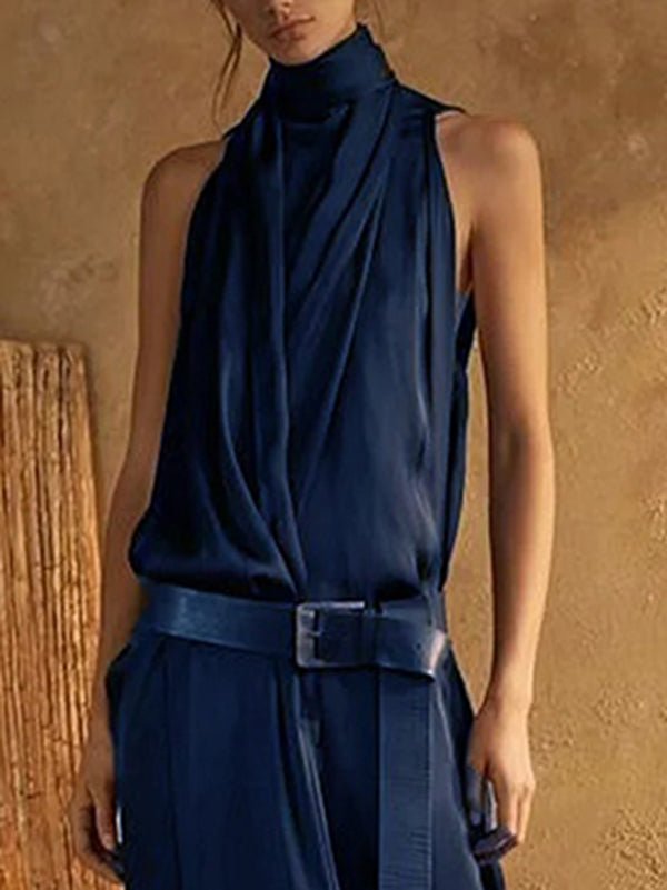 Loose Sleeveless Solid Color Split-Joint High Neck Maxi Dresses