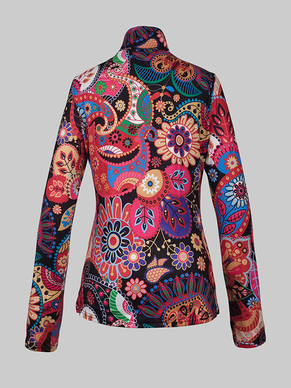 Long Sleeves Skinny Flower Print Split-Joint High Neck T-Shirts Tops
