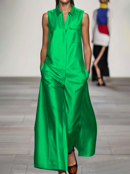 Loose Sleeveless Pockets Solid Color Lapel Jumpsuits