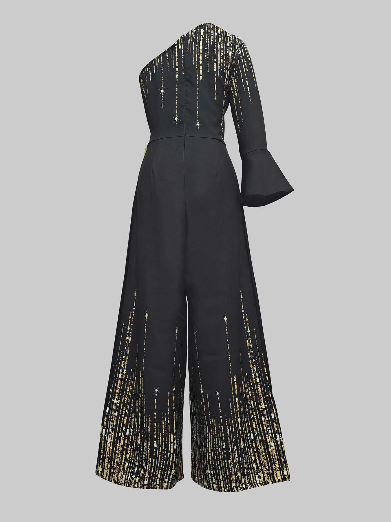 Long Sleeves Loose Printed Shiny Tied Waist One-Shoulder Jumpsuits Bottoms