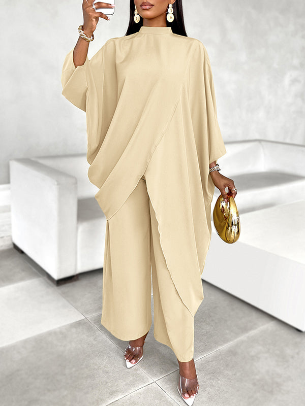Batwing Sleeves Long Sleeves Asymmetric Hollow Solid Color Mock Neck T-Shirt Top + Pants Bottom Two Pieces Set