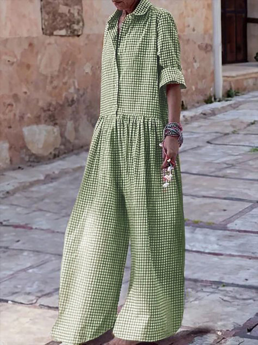 Long Sleeves Loose Buttoned Plaid Pleated Split-Joint Lapel Jumpsuits