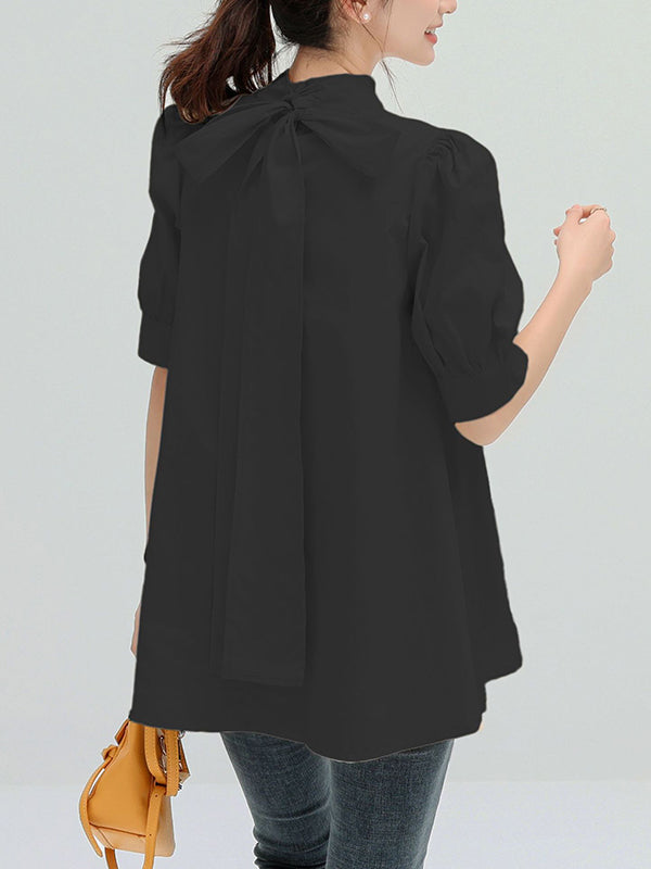 Casual Loose Bow-Embellished Solid Color Blouse