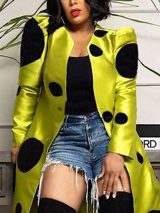Long Sleeves Loose Pleated Polka-Dot Split-Joint Round-Neck Outerwear