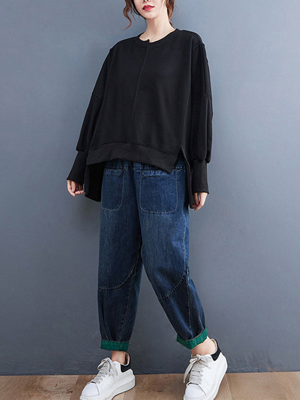 Simple Long Sleeves Loose Solid Color Round-Neck Hoodies&Sweatshirt Tops