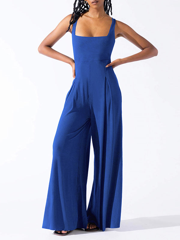 Loose Sleeveless Pleated Solid Color Spaghetti-Neck Jumpsuits