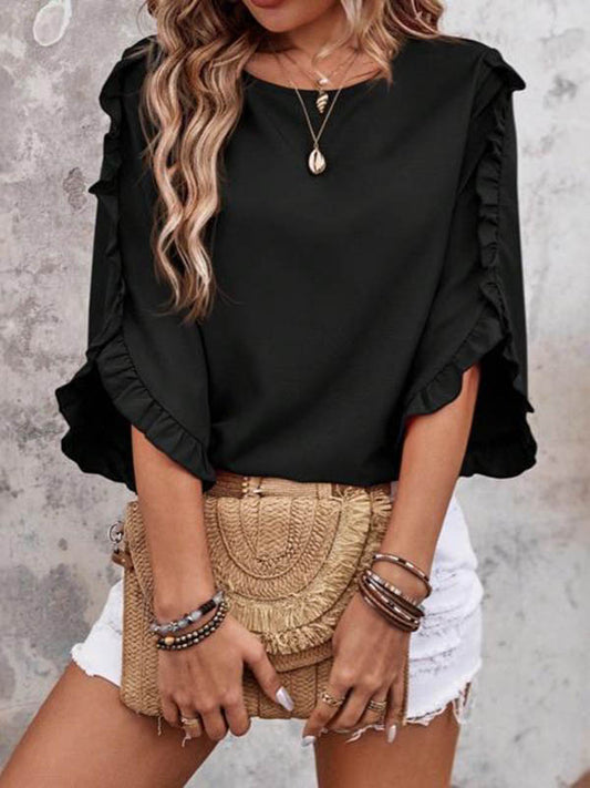 Loose Three-Quarter Sleeves Pleated Ruffled Solid Color Split-Joint Round-Neck Blouses&Shirts Tops