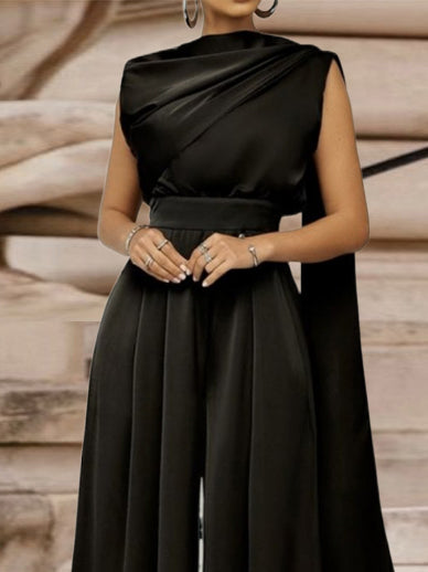 Loose Sleeveless Solid Color Shawl Collar Jumpsuits