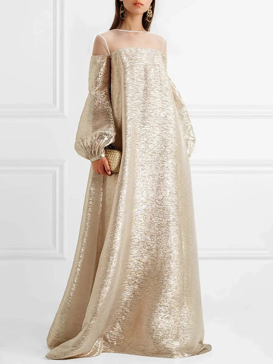 A-Line Loose Gauze See-Through Shiny Split-Joint Round-Neck Evening Dresses Maxi Dresses
