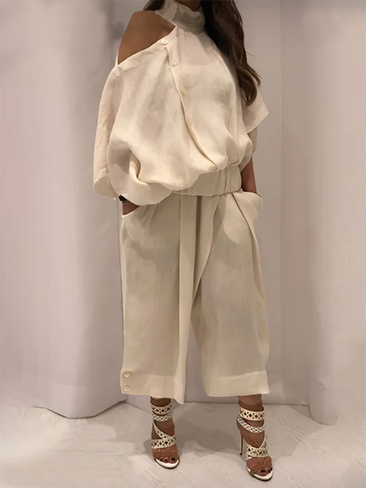 Loose Wide Leg Buttoned Solid Color Casual Pants Bottoms Trousers