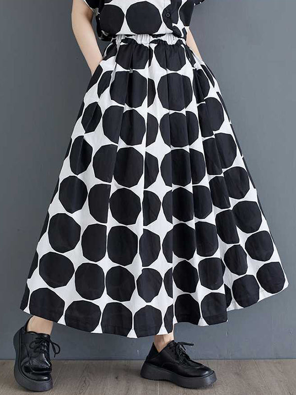 Loose Short Sleeves Buttoned Polka-Dot Lapel Blouse Tops Skirts Bottoms Two Pieces Set