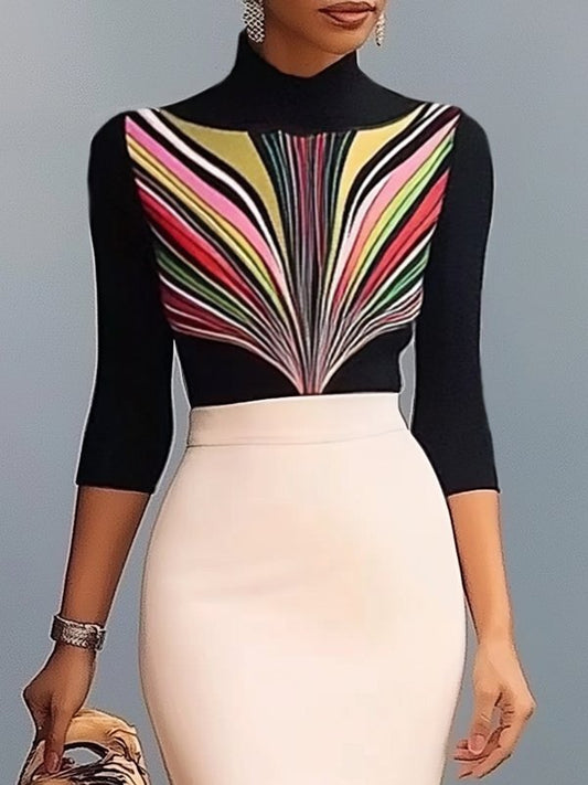 Long Sleeves Skinny Contrast Color Printed High Neck T-Shirts Tops