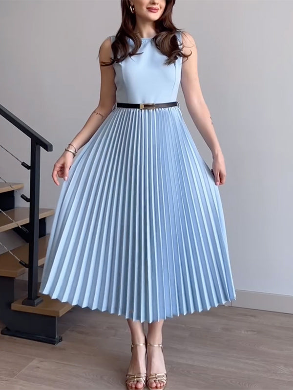 Sleeveless Pleated Solid Color Round-Neck Midi Dresses