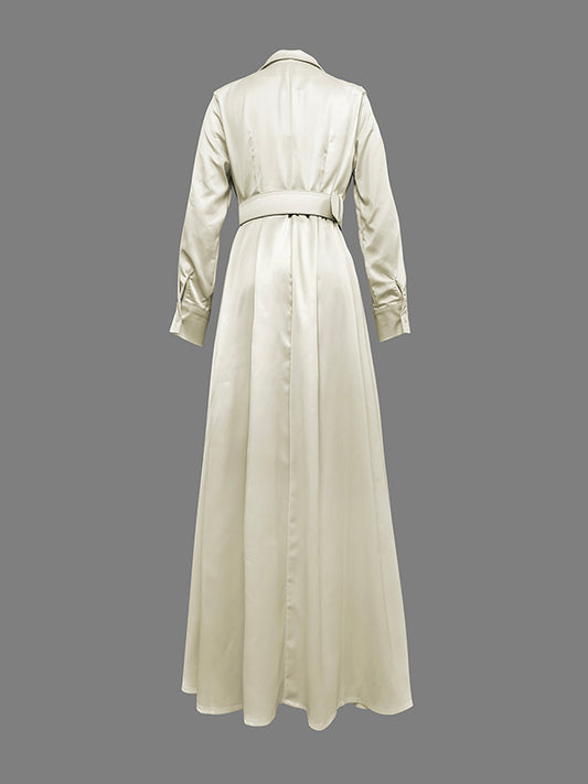 Long Sleeves Loose No Belt Solid Color Notched Collar Maxi Dresses