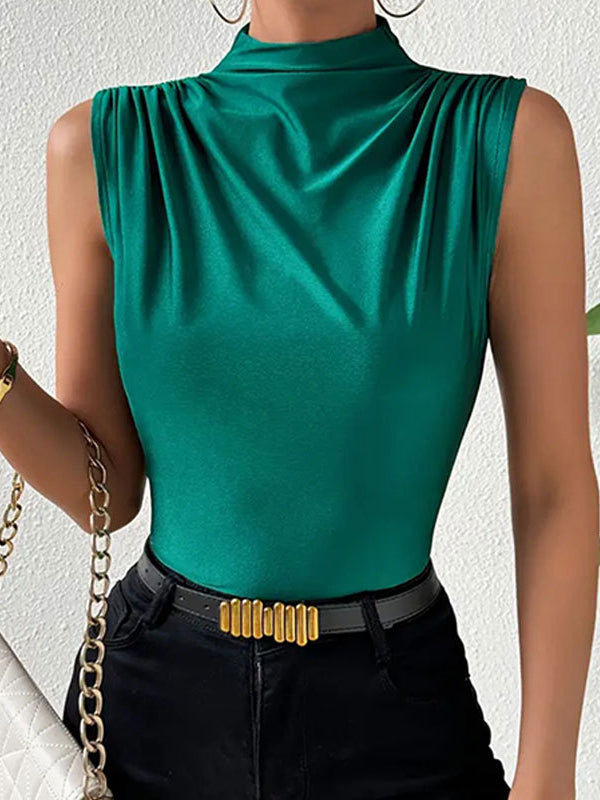 Skinny Sleeveless Pleated Solid Color Split-Joint High Neck Vest Top