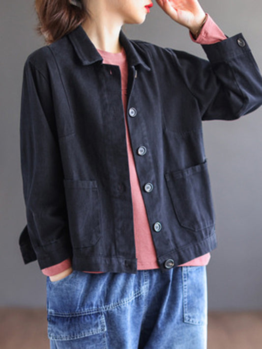 Vintage Loose Long Sleeves Buttoned Solid Color Lapel Collar Outerwear