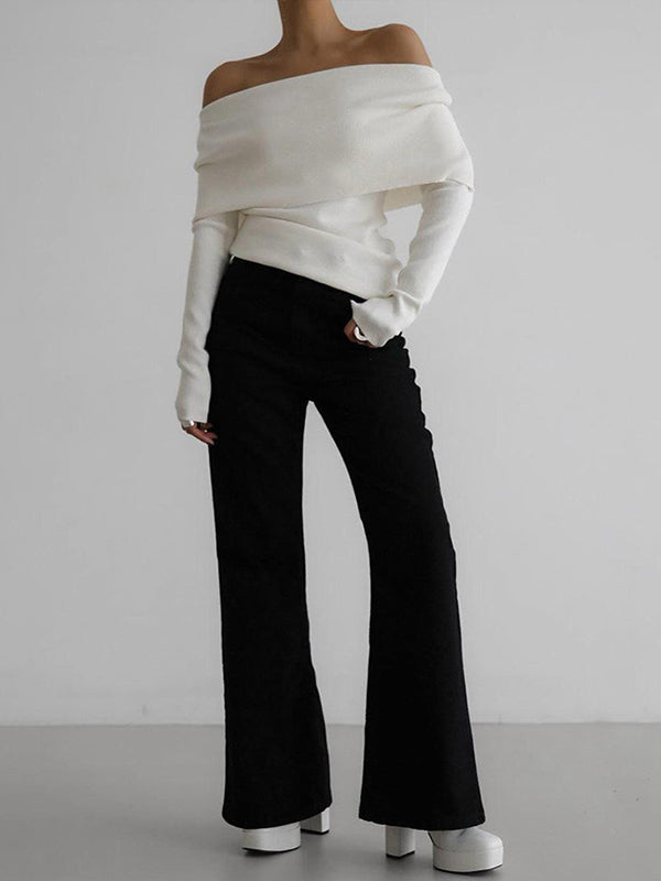 Long Sleeves Loose Solid Color Off-The-Shoulder Pullovers Sweater Tops