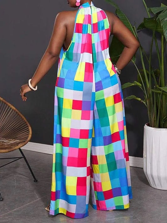Loose Sleeveless Contrast Color Plaid Pleated Halter-Neck Jumpsuits