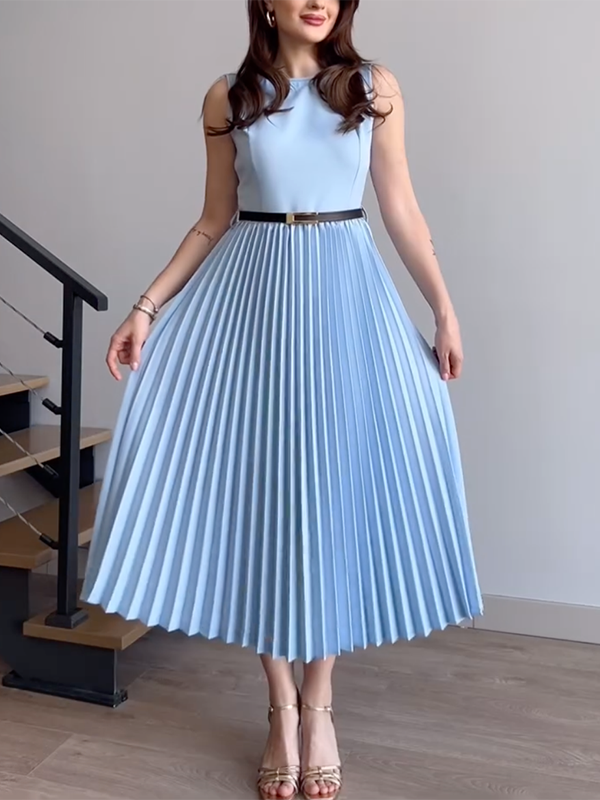 Sleeveless Pleated Solid Color Round-Neck Midi Dresses