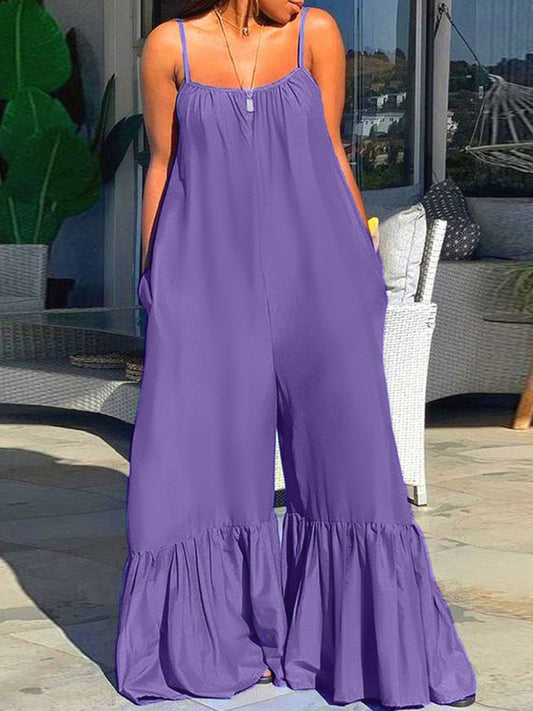 Loose Sleeveless Pleated Pockets Solid Color Split-Joint Spaghetti-Neck Jumpsuits