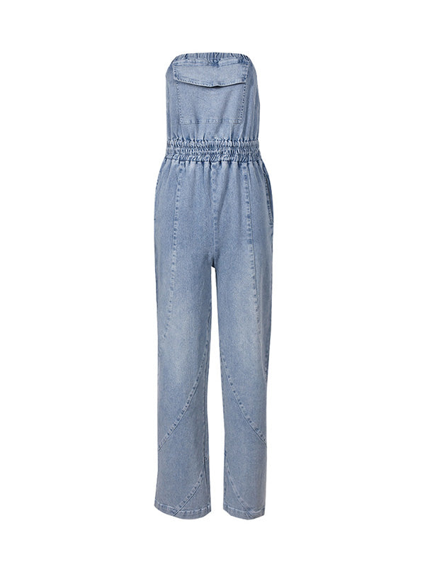 Sleeveless Straight Leg Elasticity Pleated Pockets Split-Joint Tube Jumpsuits