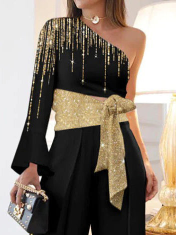 Long Sleeves Loose Printed Shiny Tied Waist One-Shoulder Jumpsuits Bottoms