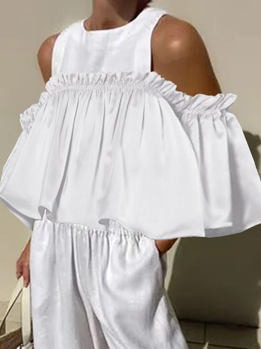 A-line Loose Elasticity Ruffled Solid Color Cold shoulder Blouses&shirts Tops