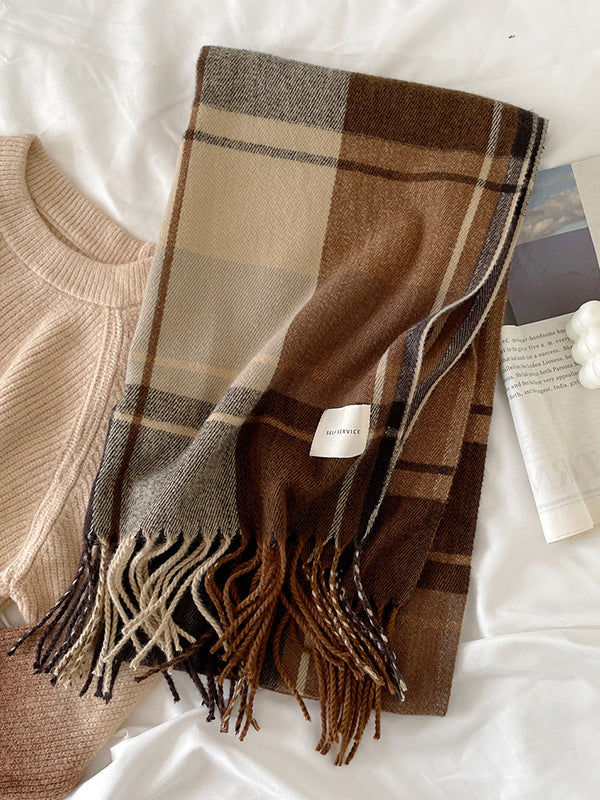 Contrast Color Plaid Striped Tasseled Shawl&Scarf