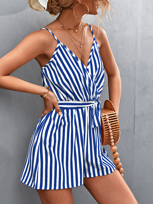 Loose Sleeveless Contrast Color Striped Tied Waist Spaghetti-Neck Rompers
