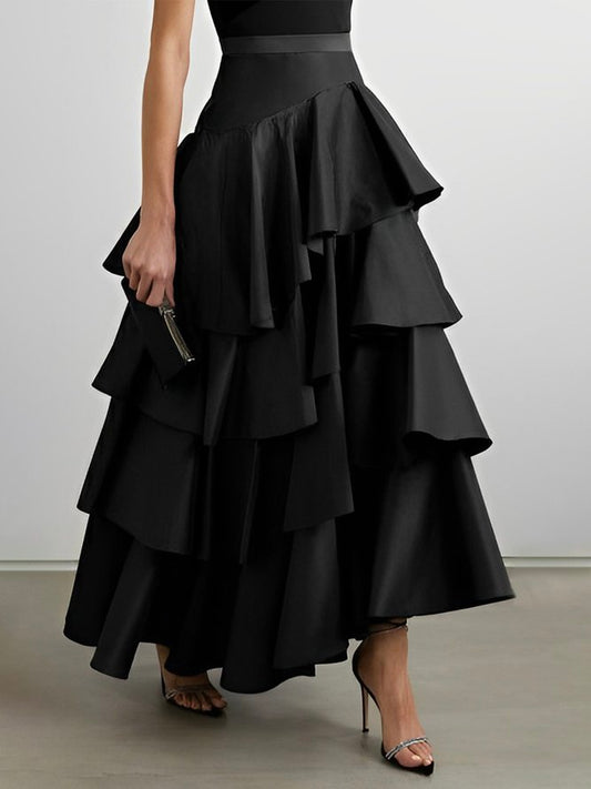 A-Line High Waisted Falbala Solid Color Long Skirts Skirts Bottoms