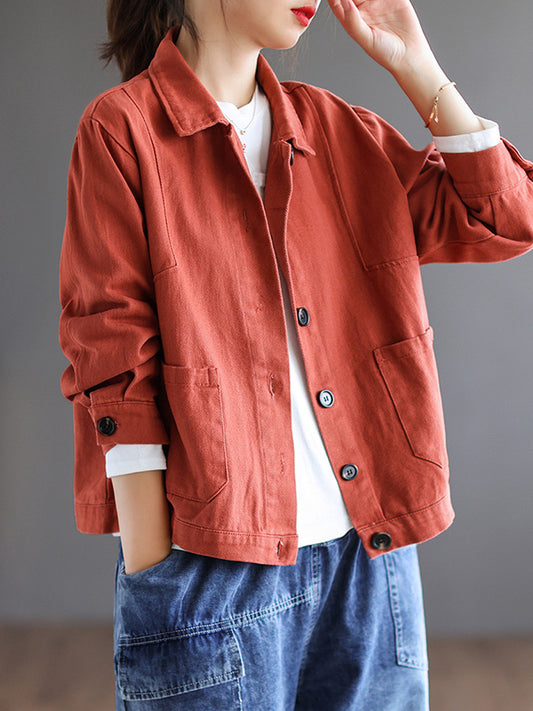 Vintage Loose Long Sleeves Buttoned Solid Color Lapel Collar Outerwear