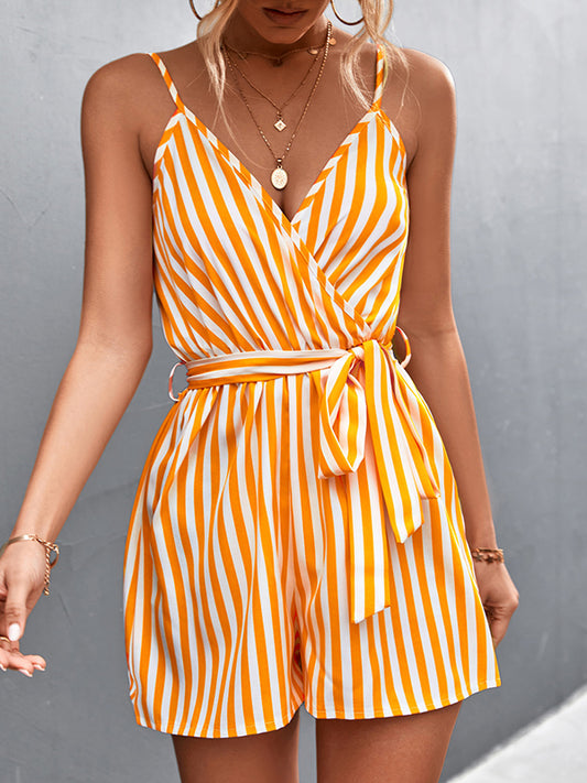 Loose Sleeveless Contrast Color Striped Tied Waist Spaghetti-Neck Rompers
