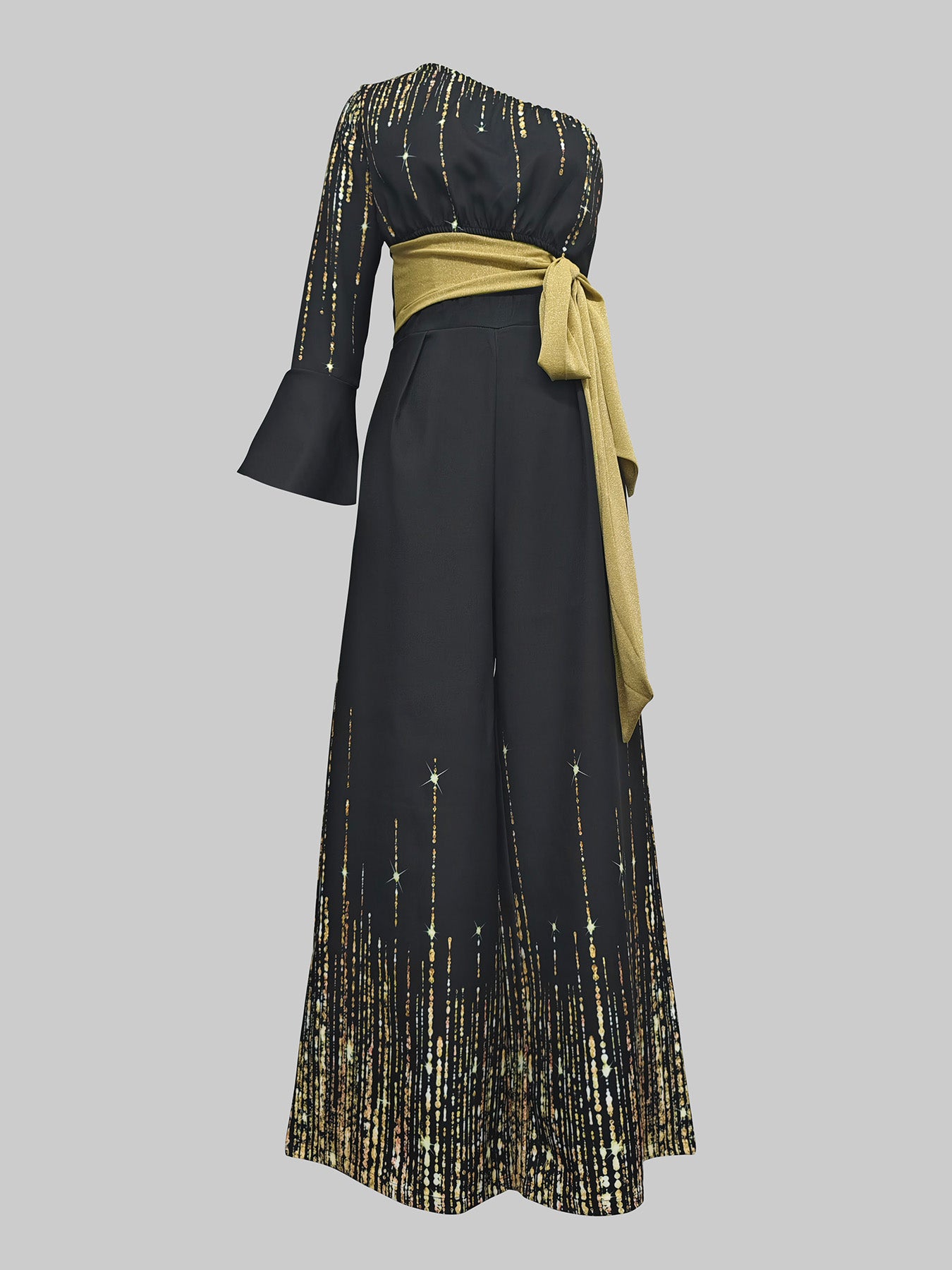 Long Sleeves Loose Printed Shiny Tied Waist One-Shoulder Jumpsuits Bottoms