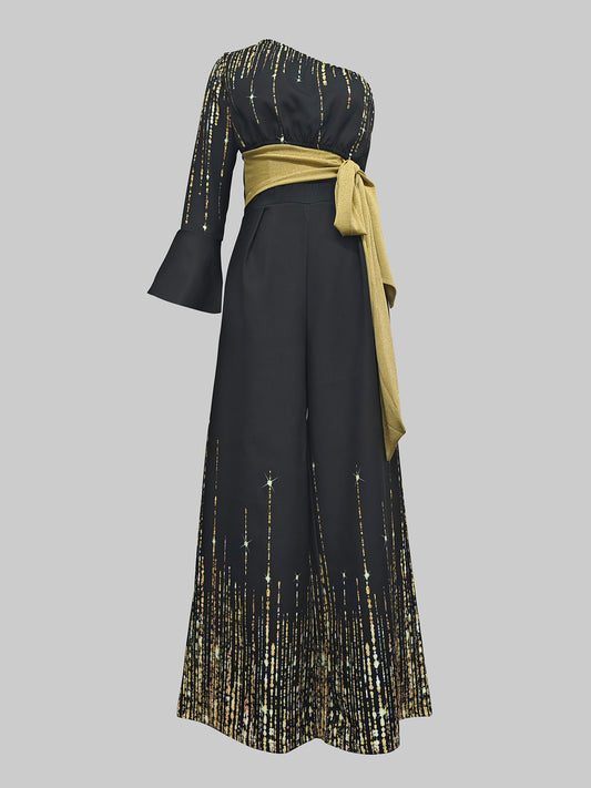 Long Sleeves Loose Printed Shiny Tied Waist One-Shoulder Jumpsuits Bottoms