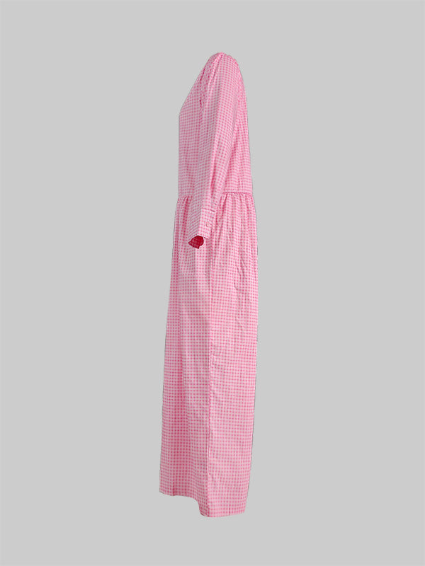 Long Sleeves Loose Buttoned Plaid Pleated Split-Joint Lapel Jumpsuits