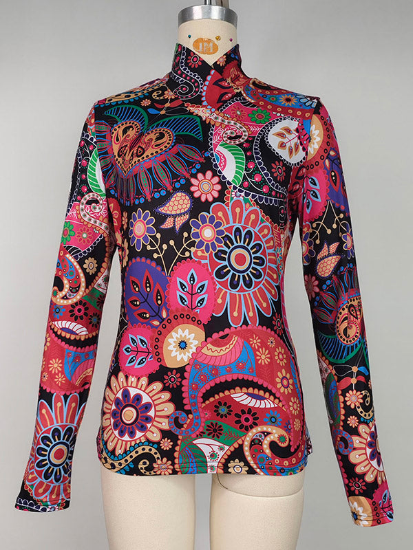 Long Sleeves Skinny Flower Print Split-Joint High Neck T-Shirts Tops