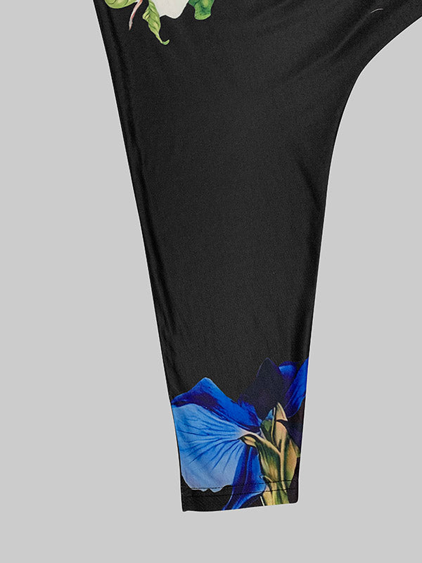 Irregularity Long Sleeves Flower Print High Neck T-Shirts Tops