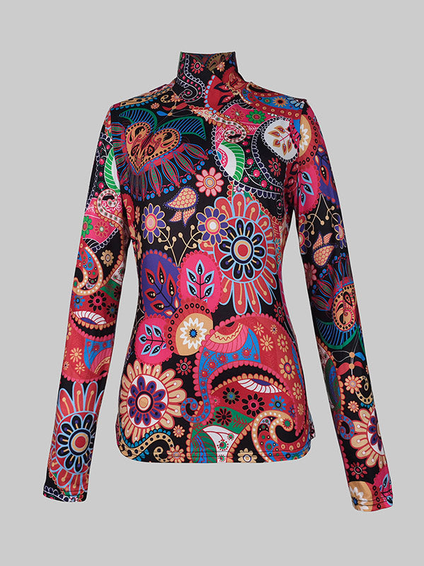 Long Sleeves Skinny Flower Print Split-Joint High Neck T-Shirts Tops