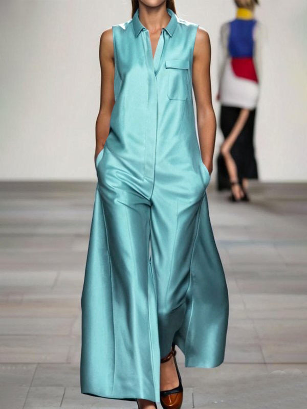 Loose Sleeveless Pockets Solid Color Lapel Jumpsuits