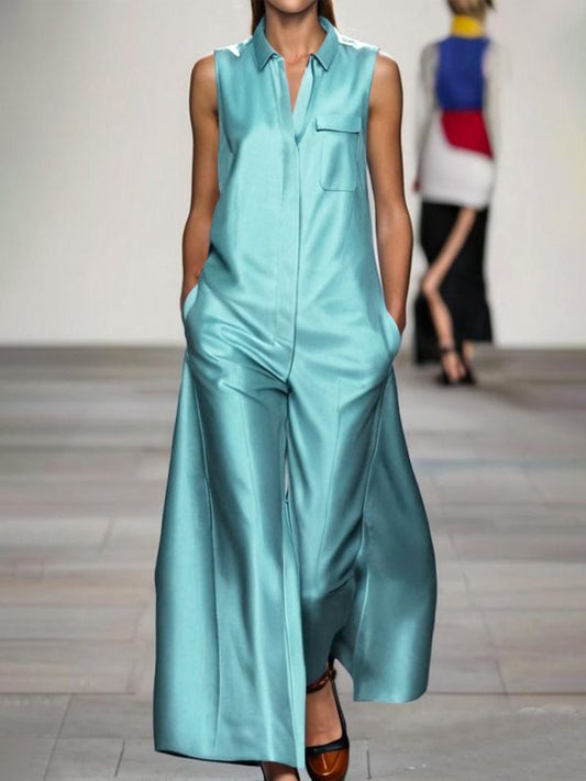 Loose Sleeveless Pockets Solid Color Lapel Jumpsuits